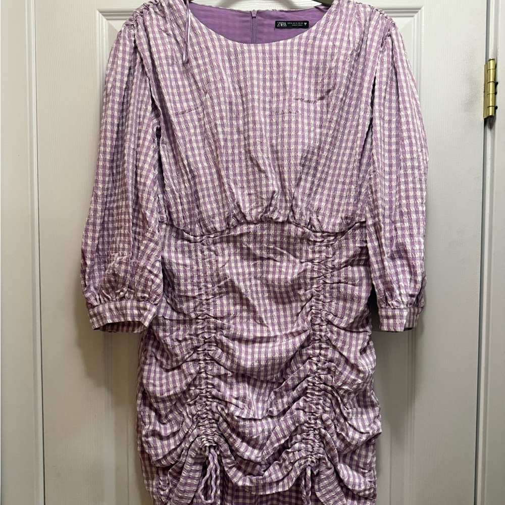 Zara Lavender Gingham Ruched Long-Sleeve Dress